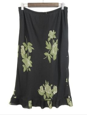 Floral Green Black Pull On Skirt Spring Garden